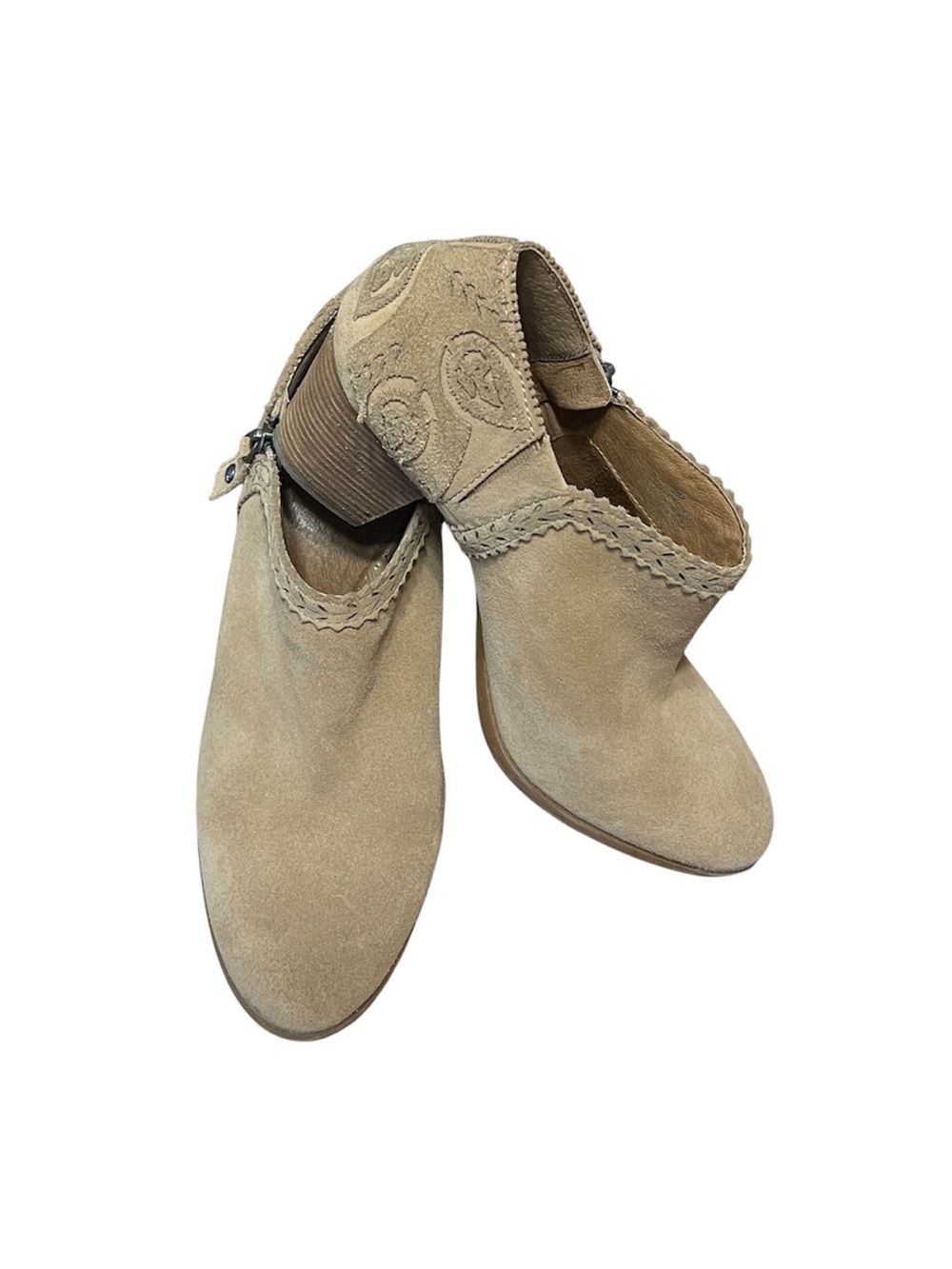 Nurture By Lamaze Suede Ankle Booties Cutout Leaves Scalloped Edging Tan Size 9